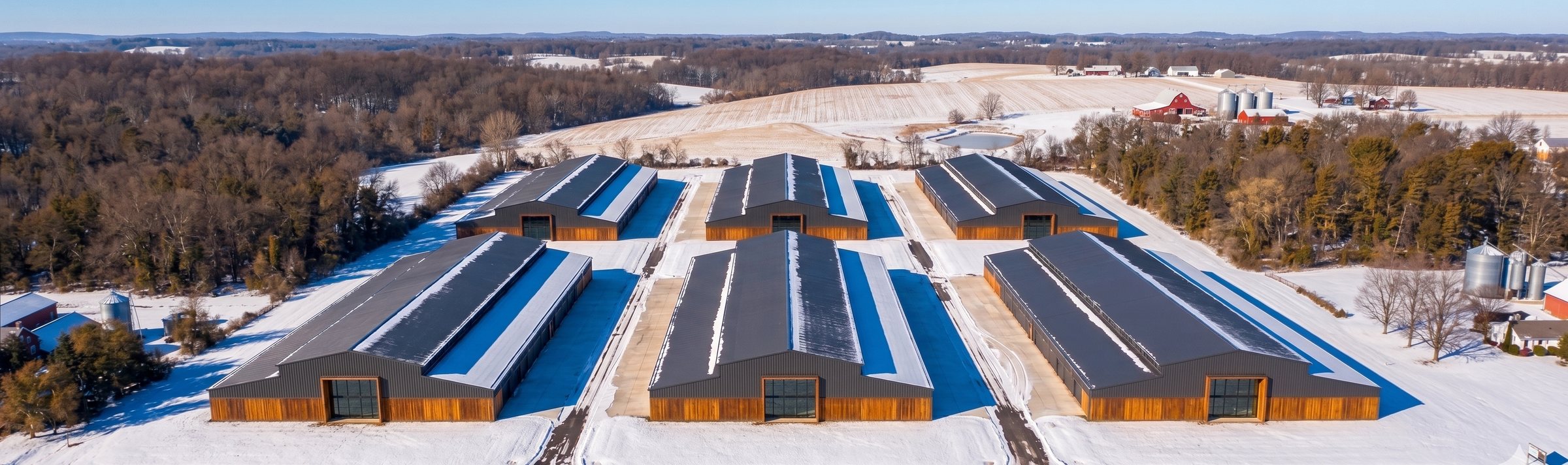 The site read from the air across open farmland in winter.