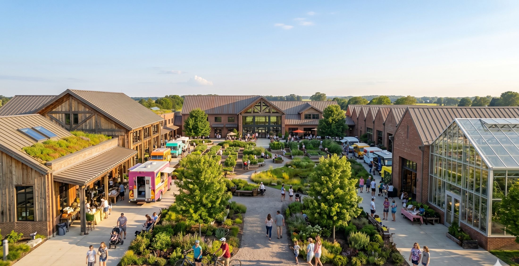 A local market and greenhouses on recovered warmth.