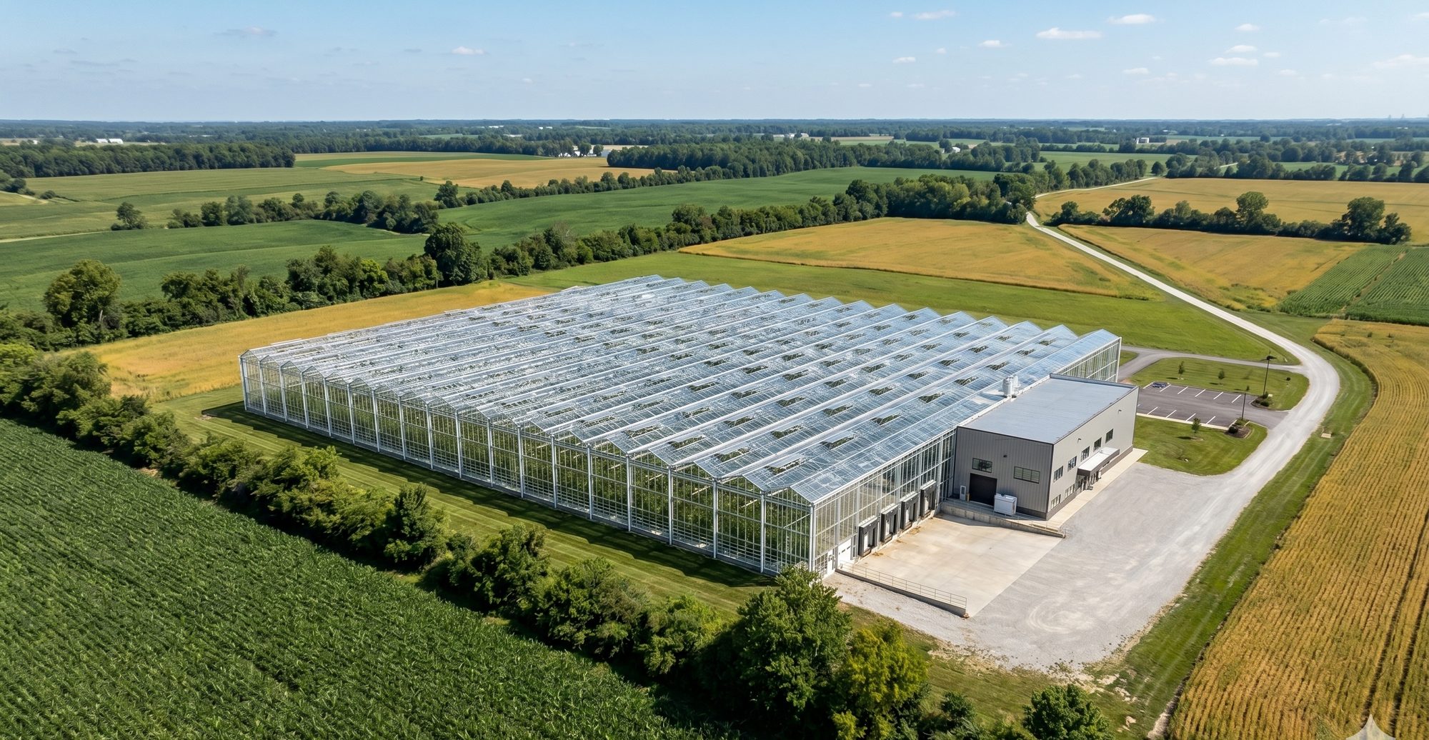 An aerial view of a large glasshouse growing under glass, set among fields and treelines.