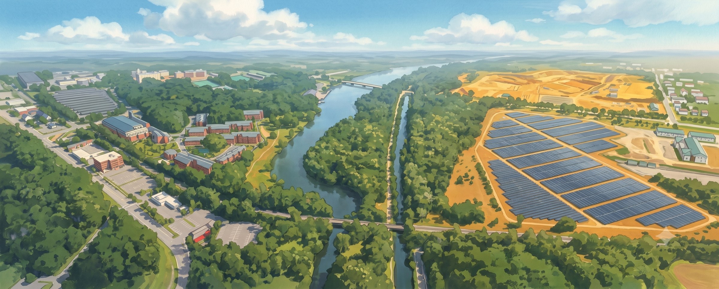 A painted aerial view of a wooded river valley with a town on one side and open farmland on the other.