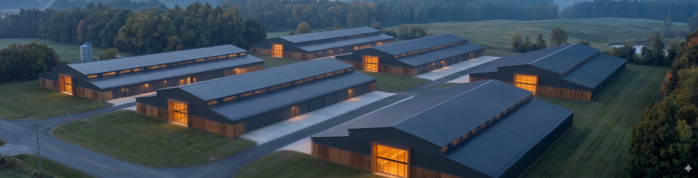 Aerial view of the campus at dusk, barn style buildings with lit windows set in farmland