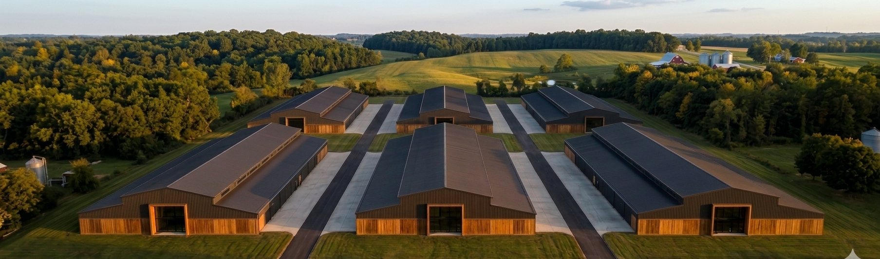 An aerial of the site buildings on their own land.