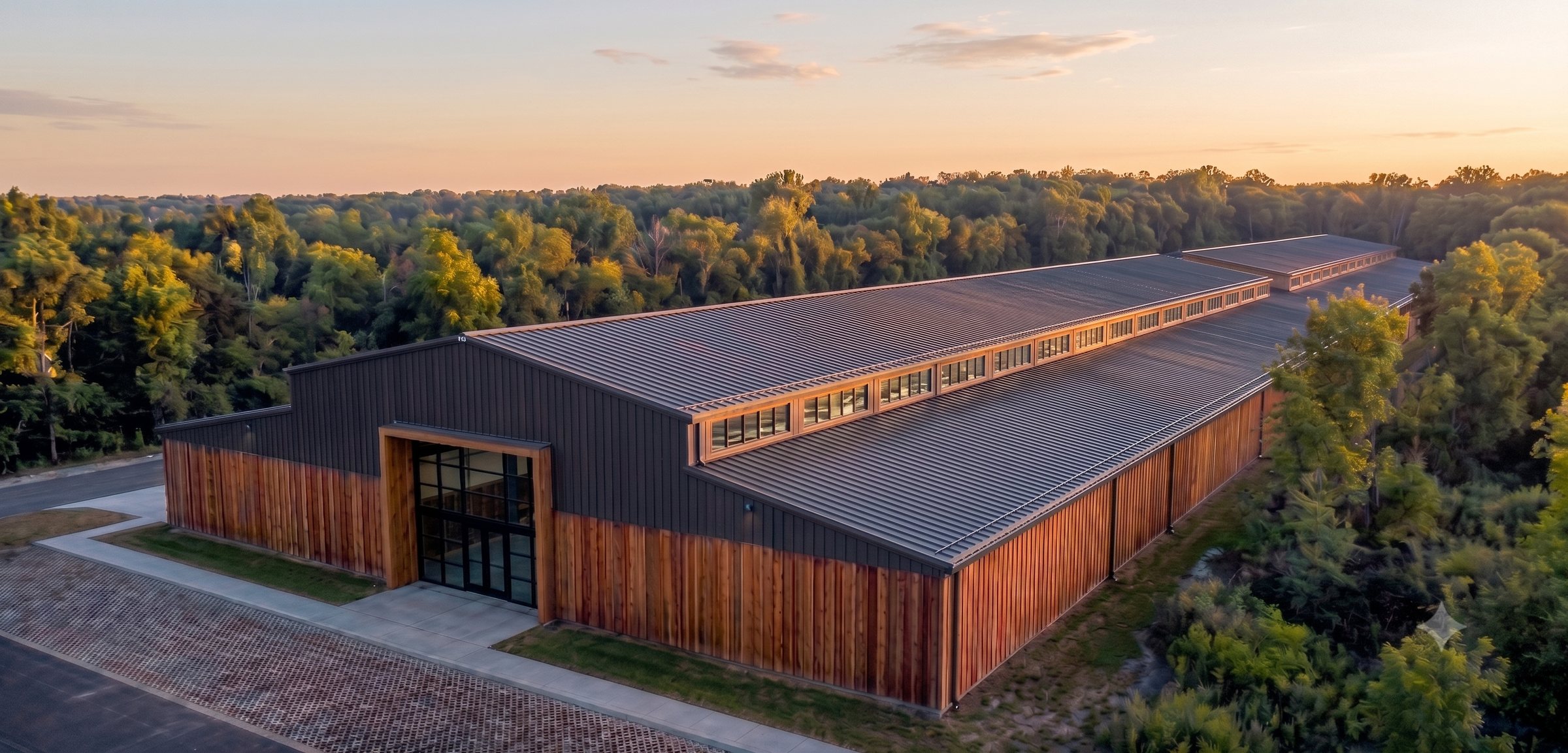 A long timber and dark metal building set in trees at sunset.