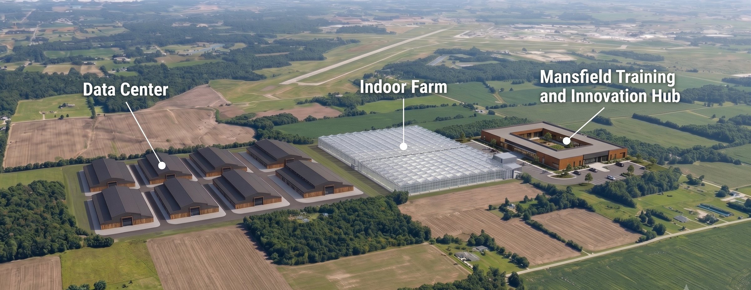 Aerial view of the campus showing the data center, indoor farm, and Mansfield training and innovation hub