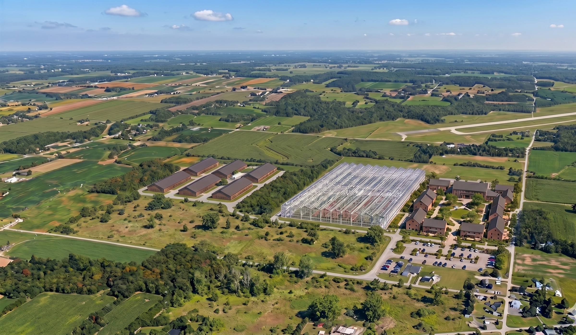 The campus shown at scale in open farmland, data halls, a glasshouse, and a village cluster.