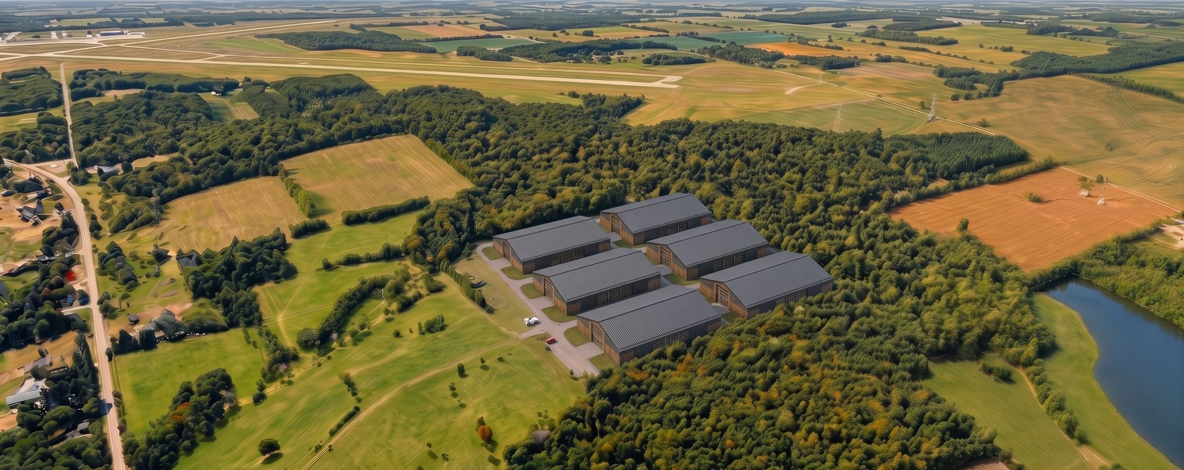 The site shown at scale in open farmland, low buildings set among trees and fields.