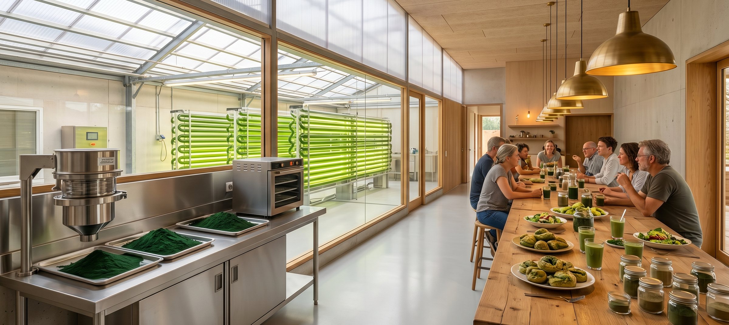 Inside a startup space, algae cultivation behind glass and a long communal table.
