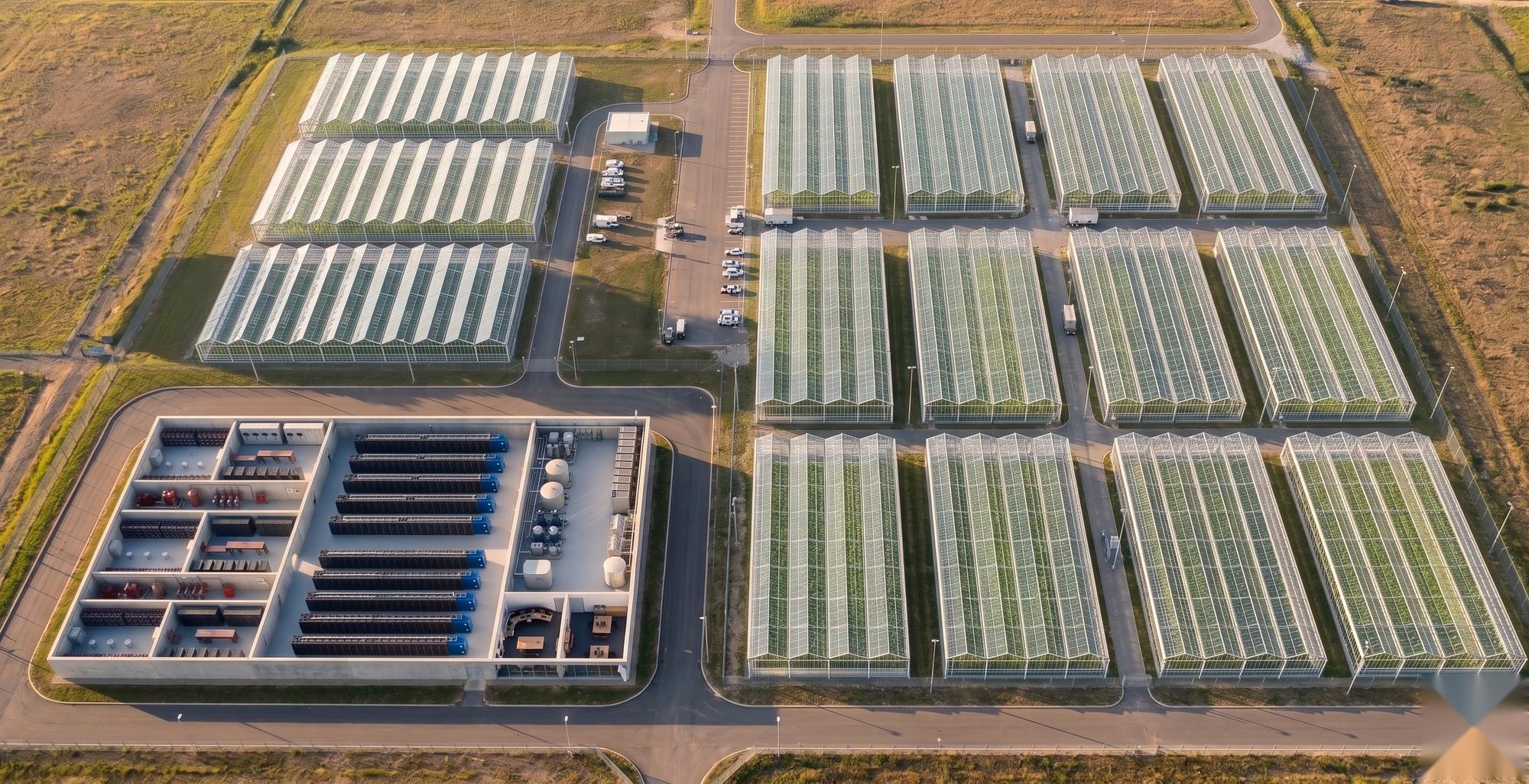 An aerial view of a compute hall and plant yard beside rows of glasshouses on open farmland.